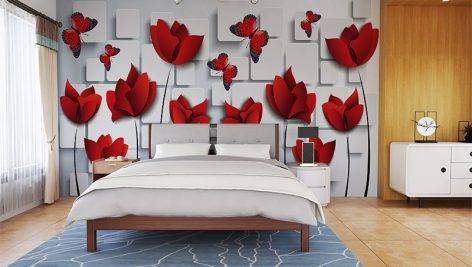 کاغذ دیواری سه بعدی با طرح گلهای قرمز